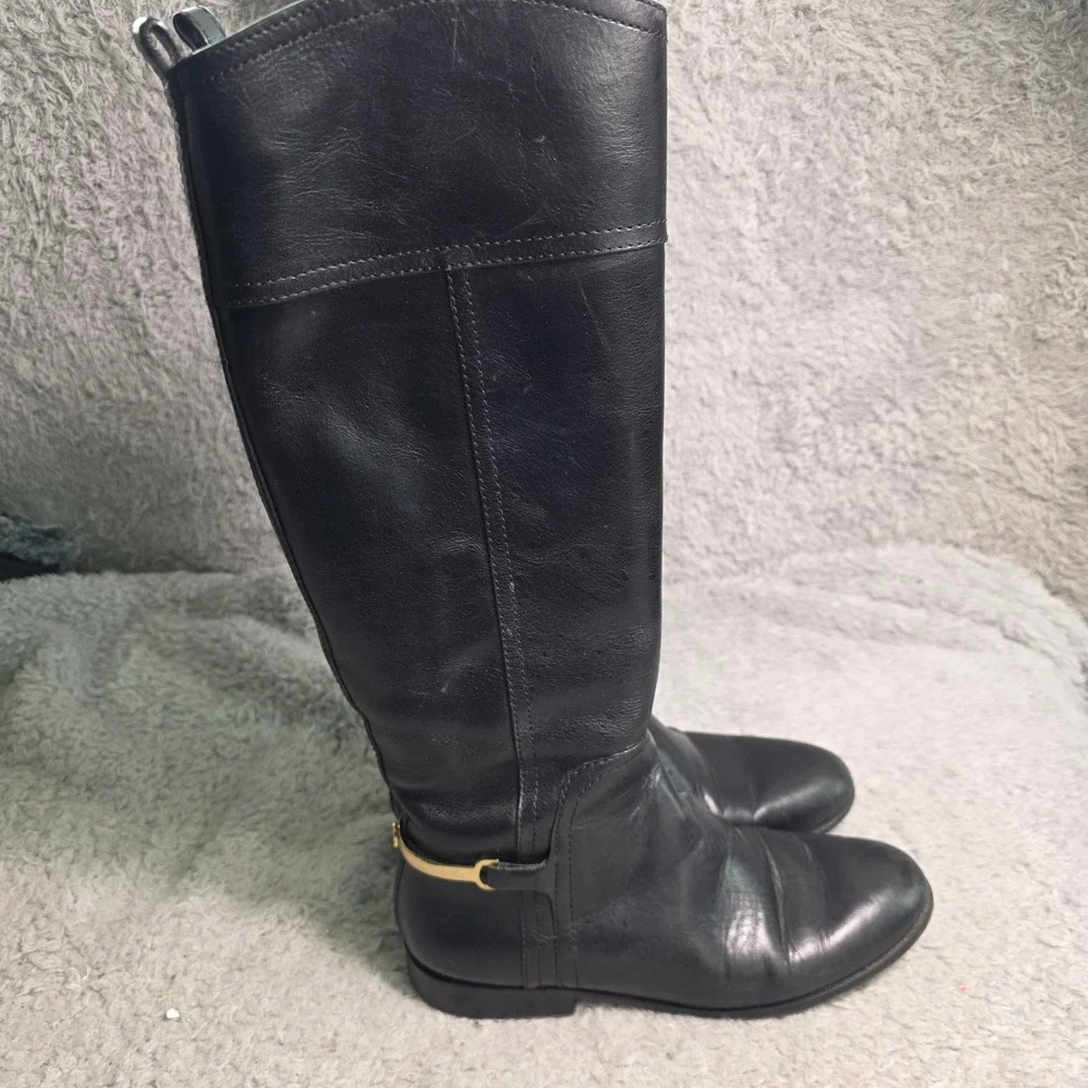 Tory Burch Riding Boots Black Leather Gold Stirrup Logo Heel Hardware Women 8.5
